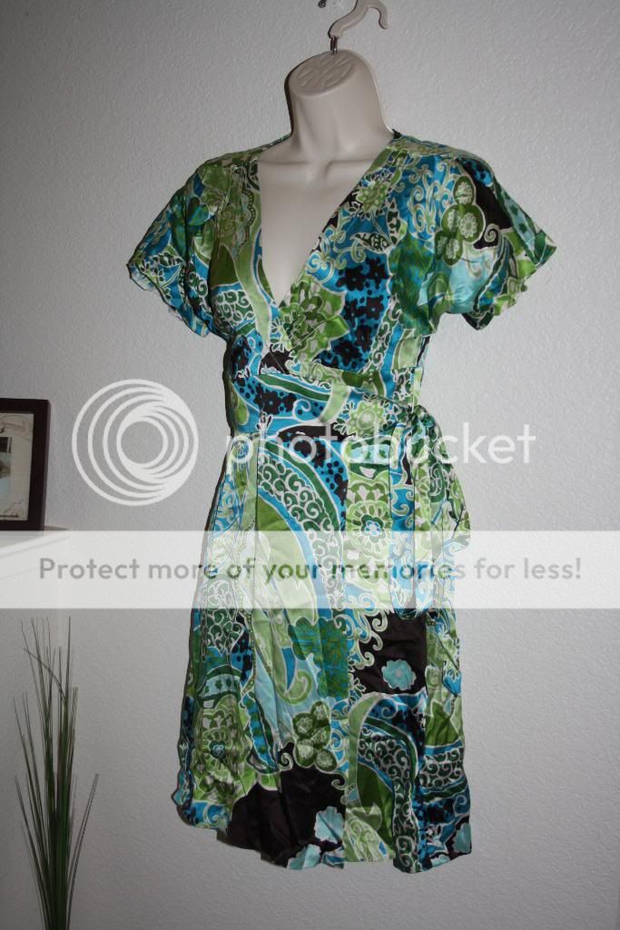 Women BANANA REPUBLIC Dress 0 Petite 0P Wrap Green SILK Paisley Summer 